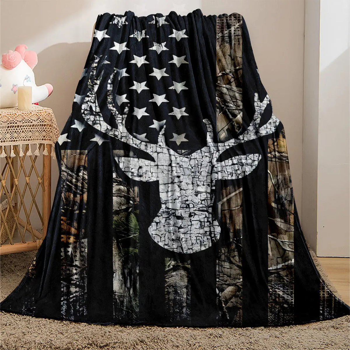 Distressed American Flag Deer Hunting Camo Flannel Blanket