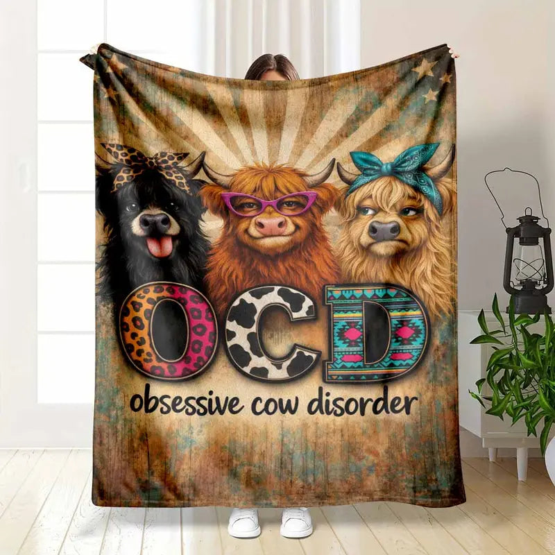 Funny OCD Highland Cow Western Style Flannel Blanket