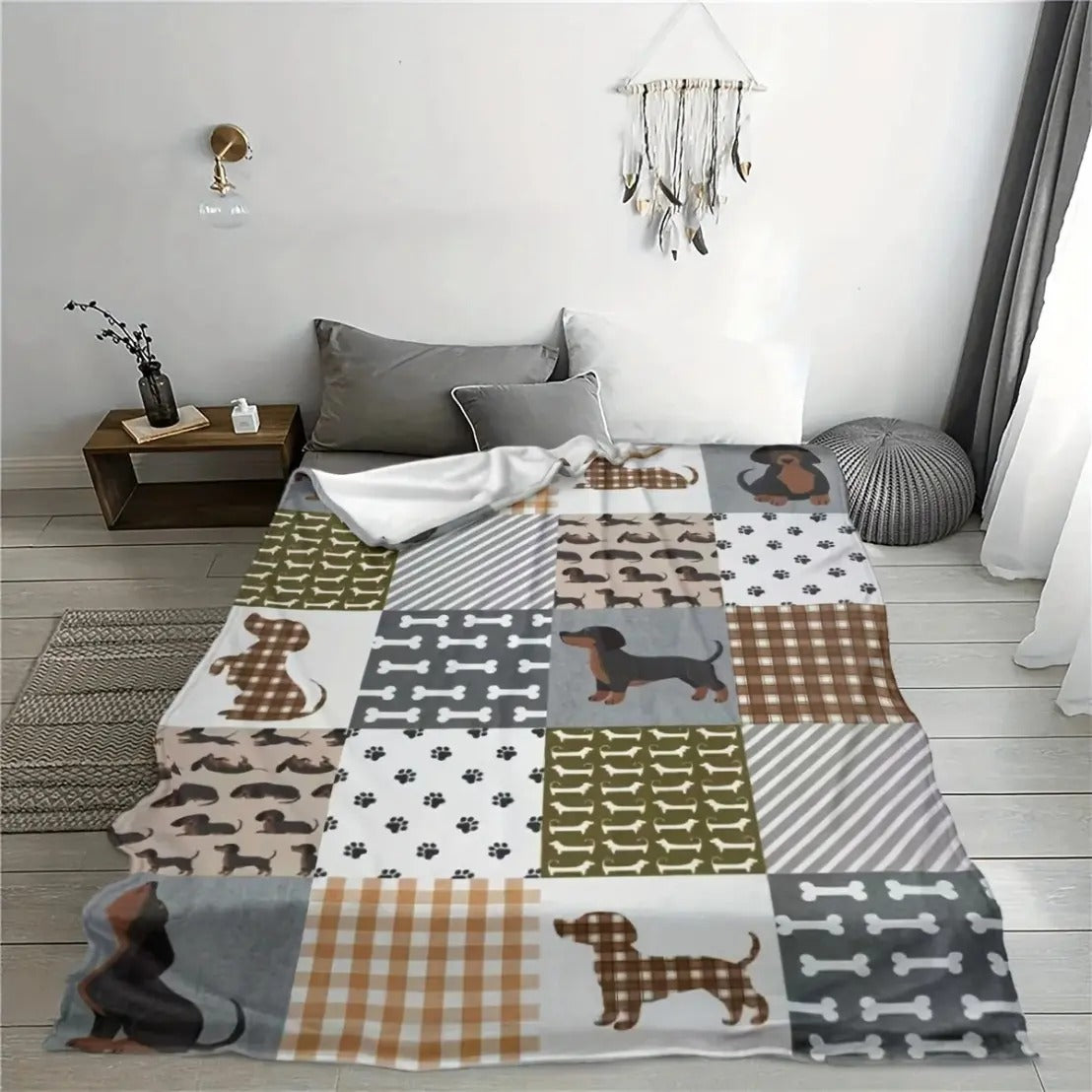 Dachshund Patchwork Plaid Paw Bone Flannel Blanket