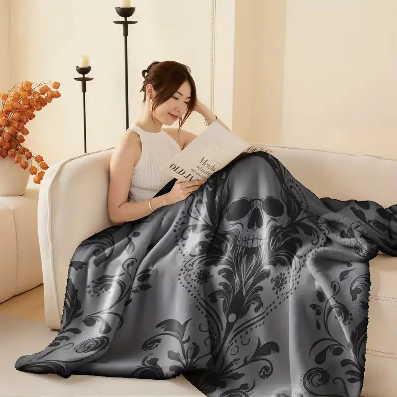 Vintage Gothic Skull Floral Flannel Blanket