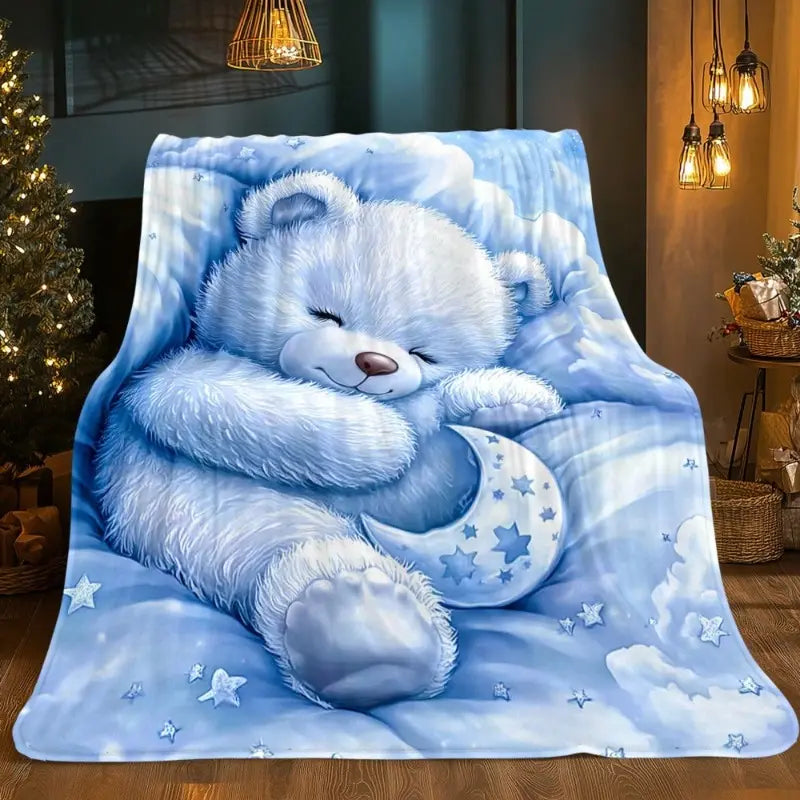 Cute Sleeping Blue Teddy Bear Moon and Stars Flannel Blanket