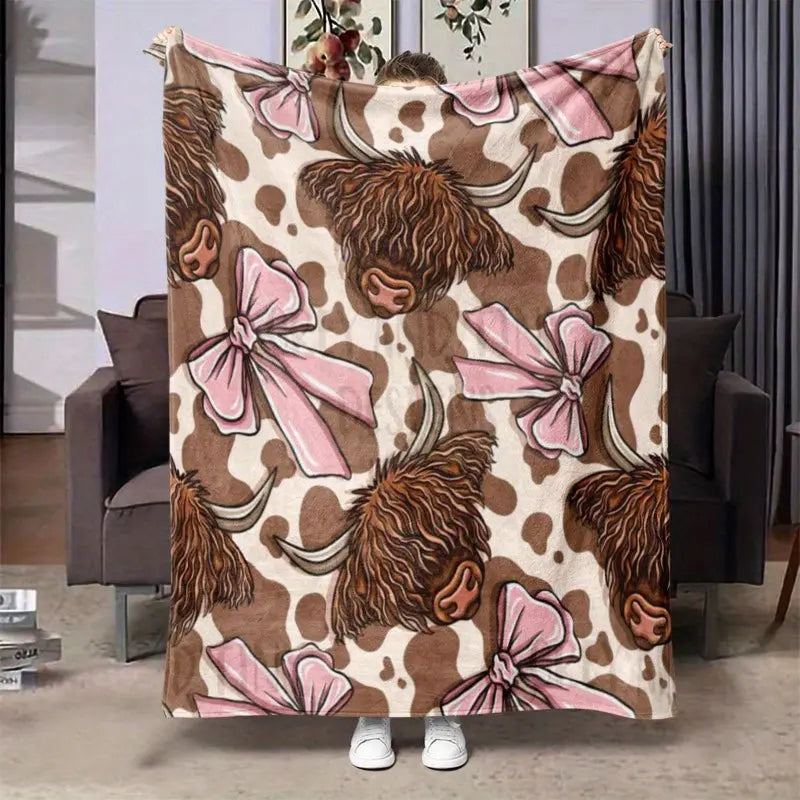 Highland Cow and Pink Bow Tie Flannel Blanket