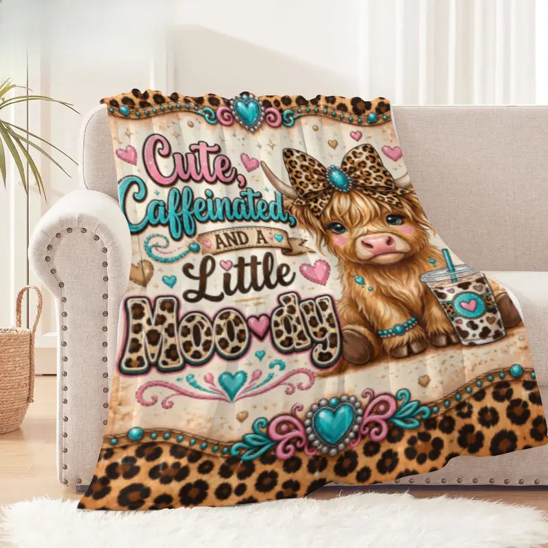Cute Caffeinated and Moody Highland Cow Flannel Blanket