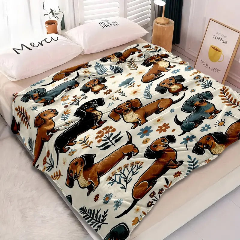 Cute Dachshund Floral Garden Dog Flannel Blanket