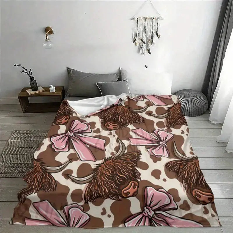 Highland Cow and Pink Bow Tie Flannel Blanket