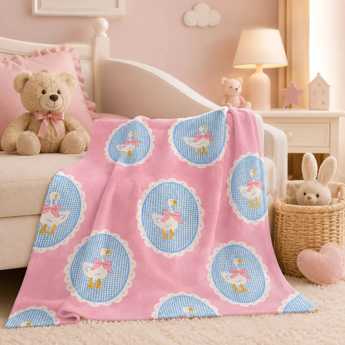 Pink Gingham White Goose Bow Coquette Flannel Blanket