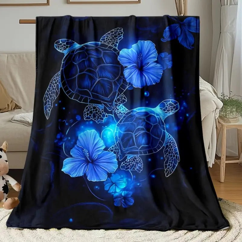 Glowing Blue Sea Turtle Floral Flannel Blanket