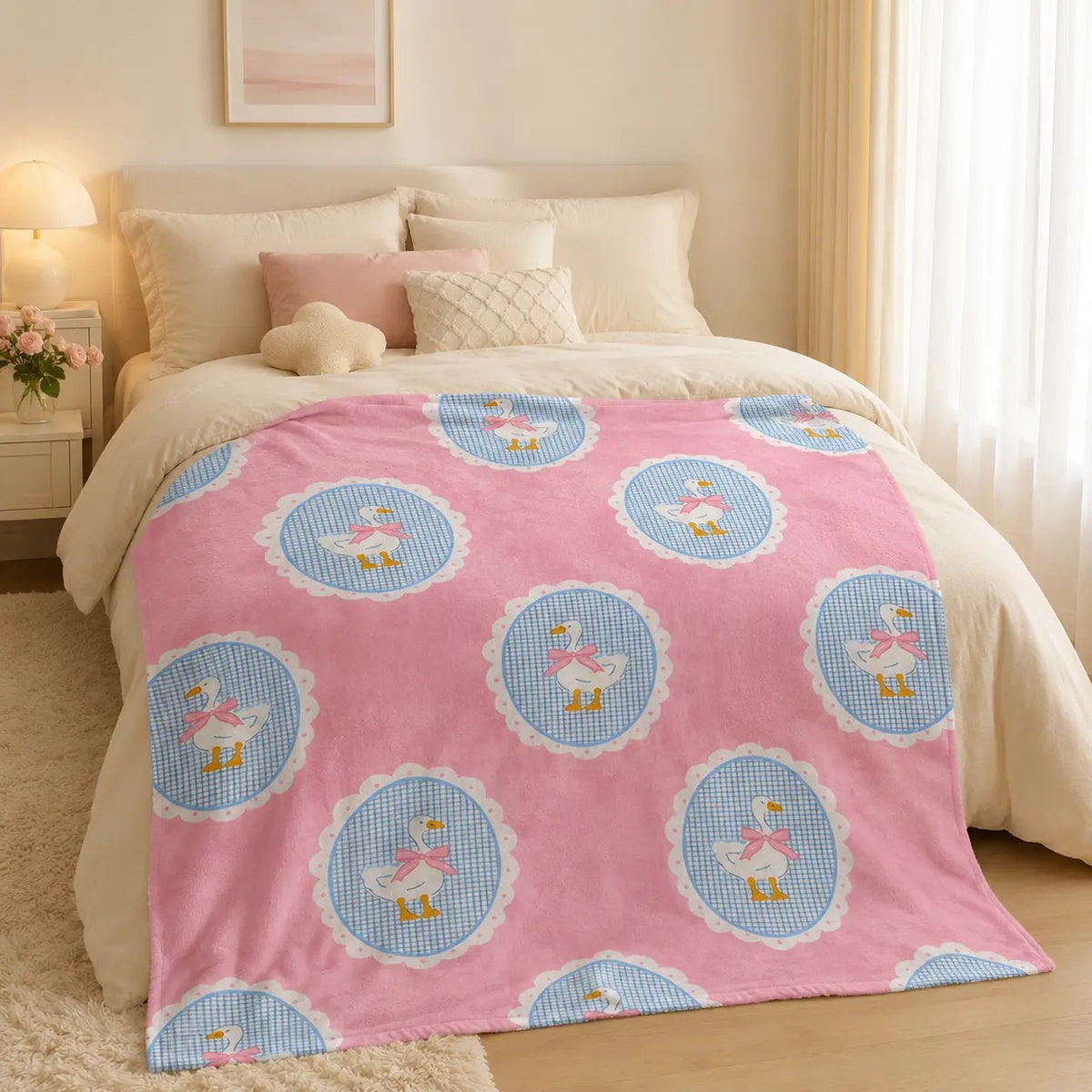 Pink Gingham White Goose Bow Coquette Flannel Blanket