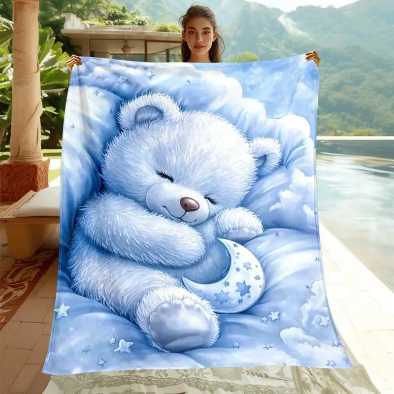 Cute Sleeping Blue Teddy Bear Moon and Stars Flannel Blanket