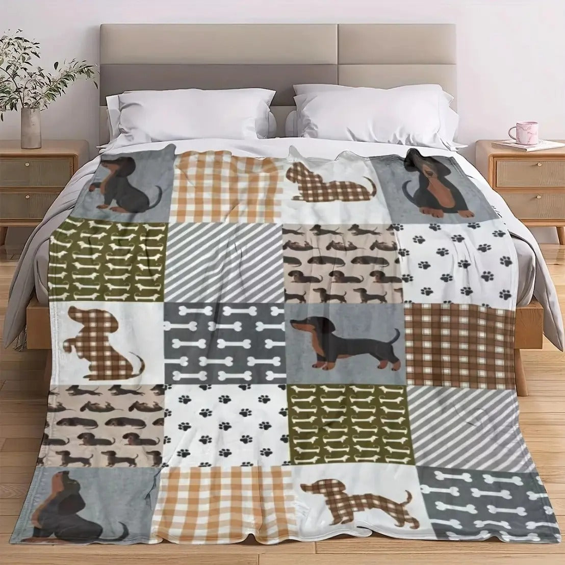 Dachshund Patchwork Plaid Paw Bone Flannel Blanket