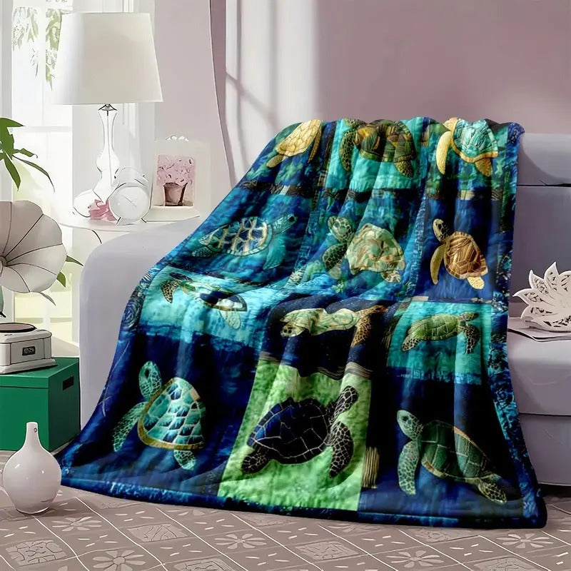 Sea Turtle Ocean Mosaic Patchwork Flannel Blanket