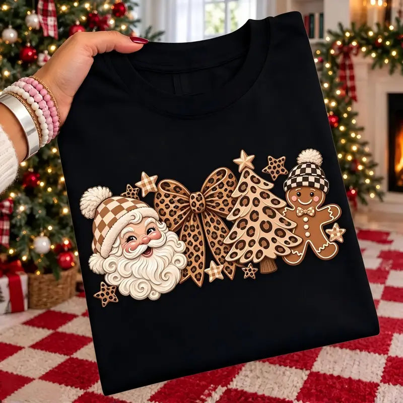 Leopard Christmas Santa Gingerbread Bow – Tee, Crewneck & Hoodie