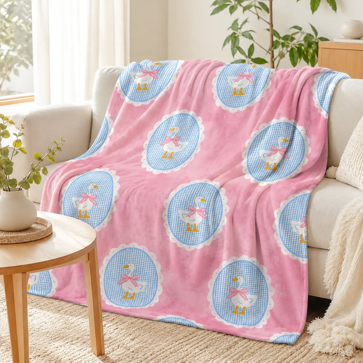 Pink Gingham White Goose Bow Coquette Flannel Blanket