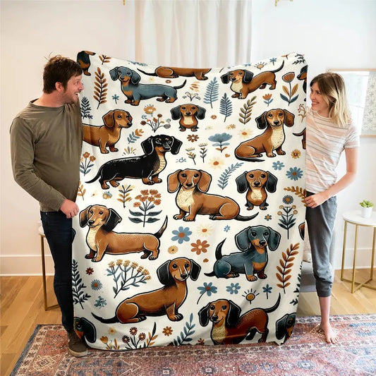 Cute Dachshund Floral Garden Dog Flannel Blanket