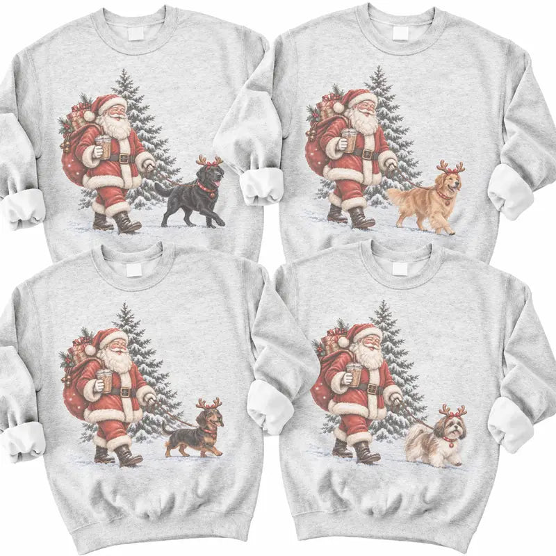 Santa Walking Dog Christmas 40+ Breeds Available – Tee, Crewneck & Hoodie