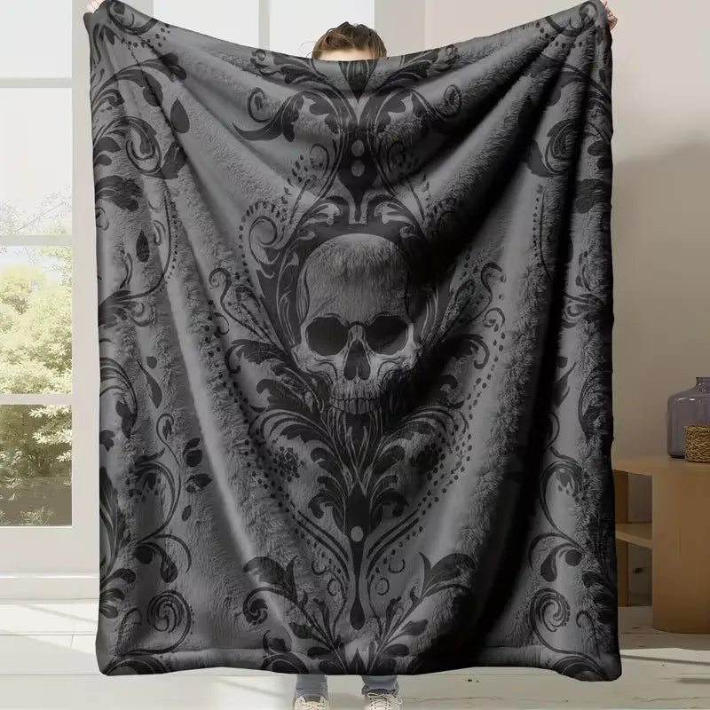 Vintage Gothic Skull Floral Flannel Blanket