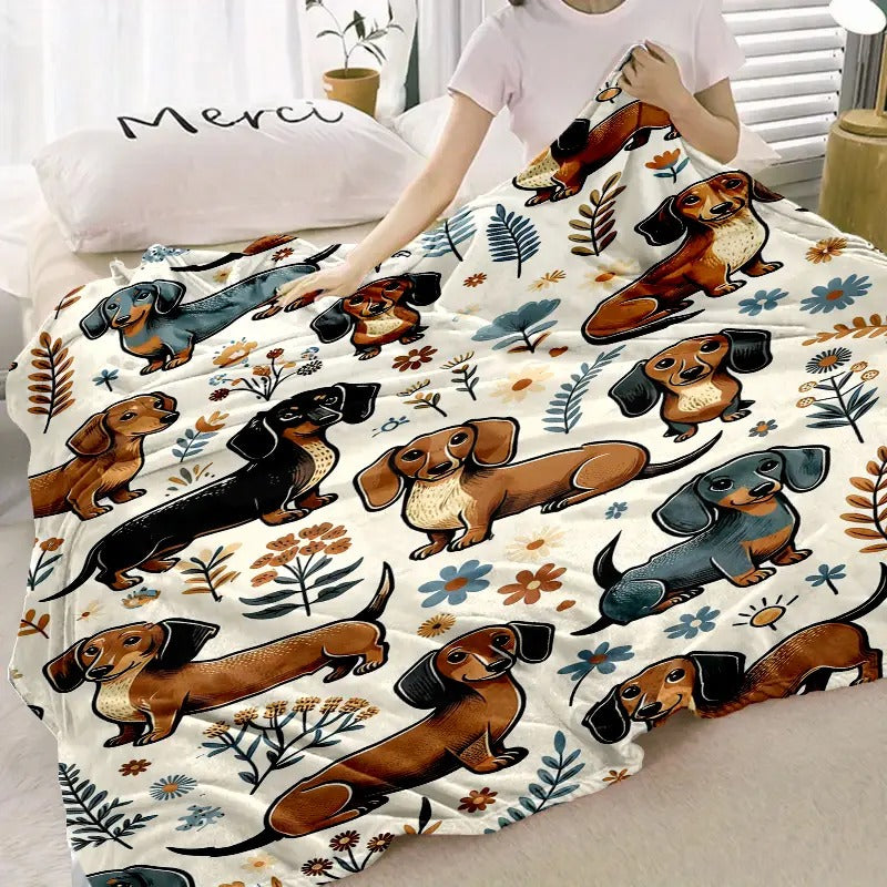 Cute Dachshund Floral Garden Dog Flannel Blanket