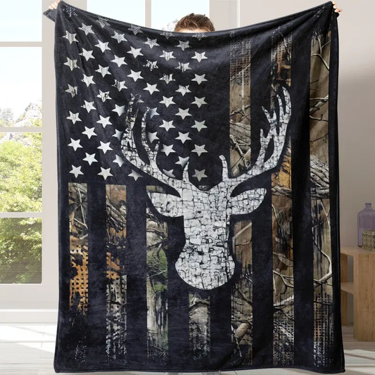 Distressed American Flag Deer Hunting Camo Flannel Blanket