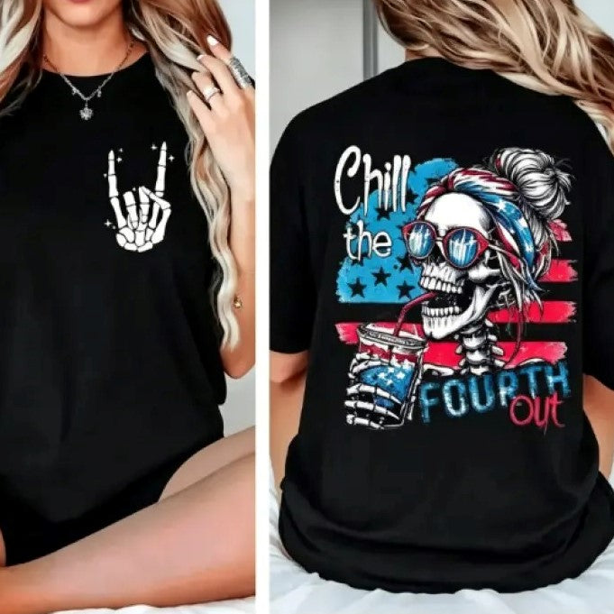 Chill The Fourth Out Patriotic Skeleton – Tee, Crewneck & Hoodie