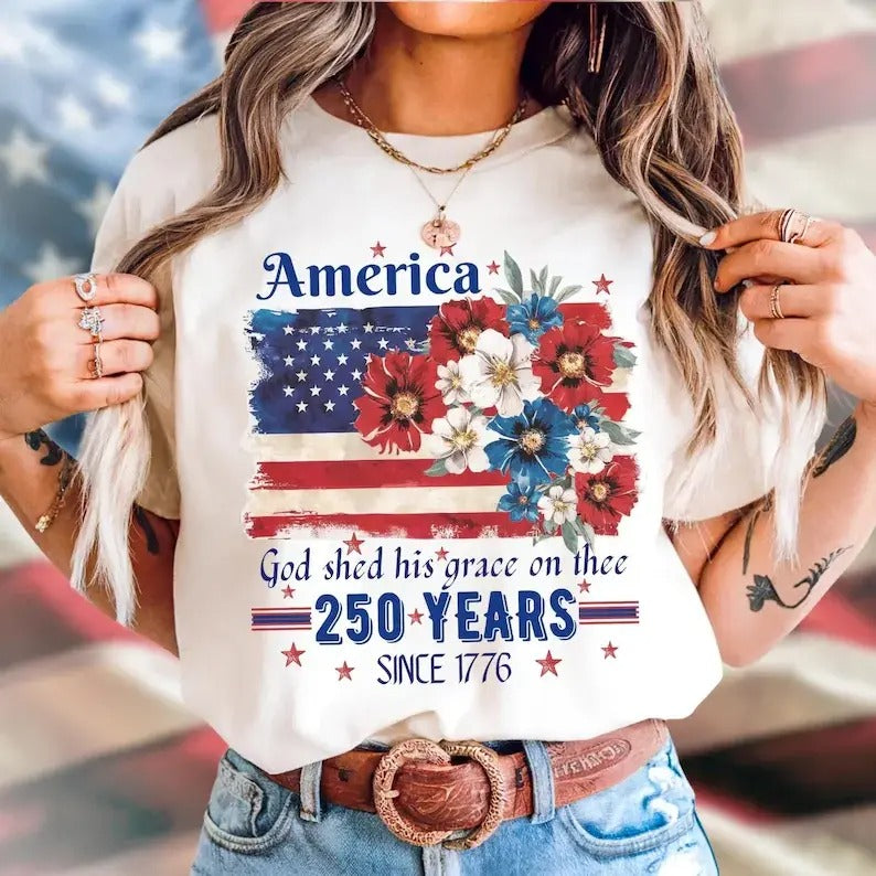 American 250th Anniversary Floral Flag – Tee, Crewneck & Hoodie