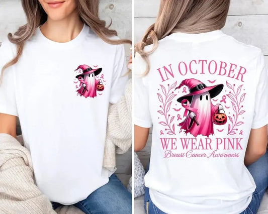 In October We Wear Pink Halloween Ghost – Tee, Crewneck & Hoodie