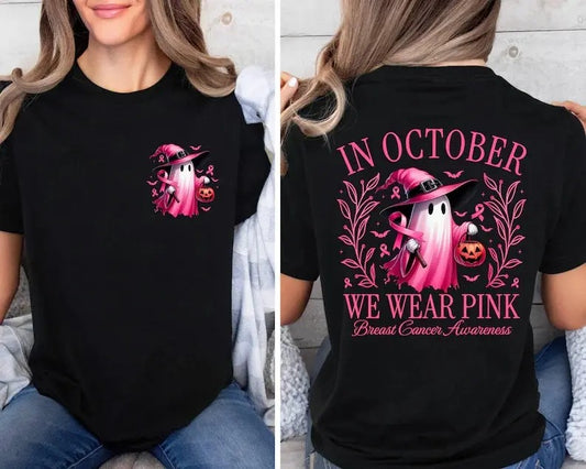 In October We Wear Pink Halloween Ghost – Tee, Crewneck & Hoodie