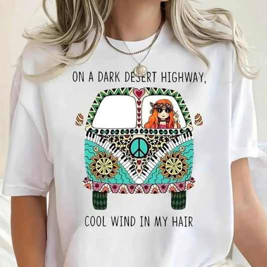 Hippie Bus Desert Scene and Dark Highway Quote – Tee, Crewneck & Hoodie