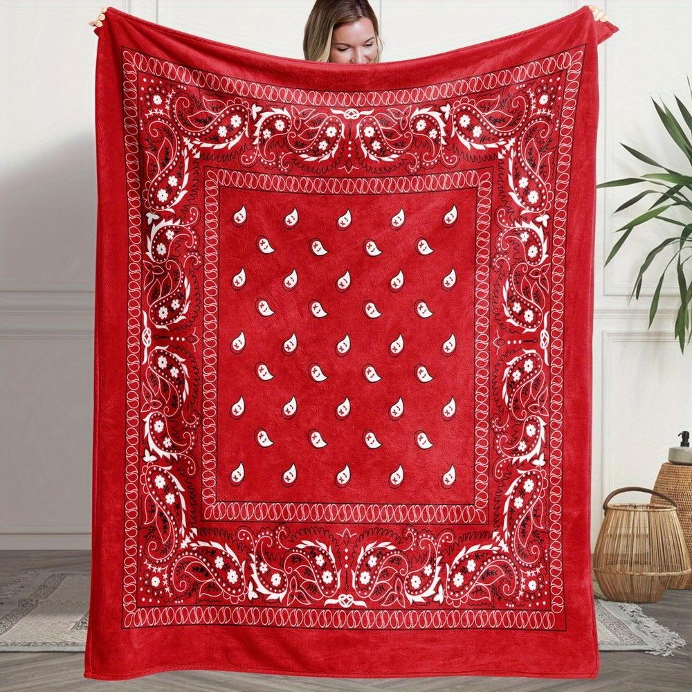 Red and White Paisley Pattern with Hearts Stars Flannel Blanket