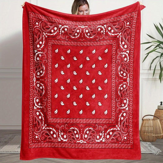 Red and White Paisley Pattern with Hearts Stars Flannel Blanket