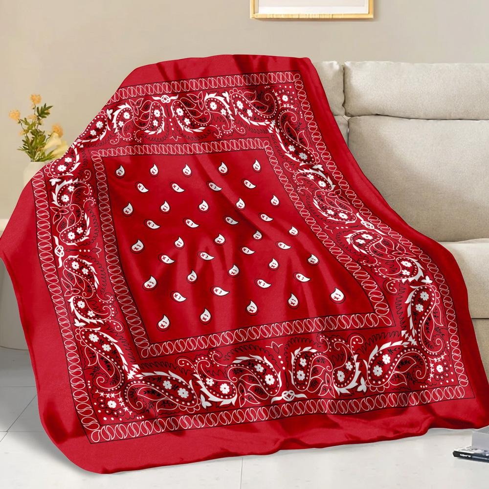 Red and White Paisley Pattern with Hearts Stars Flannel Blanket