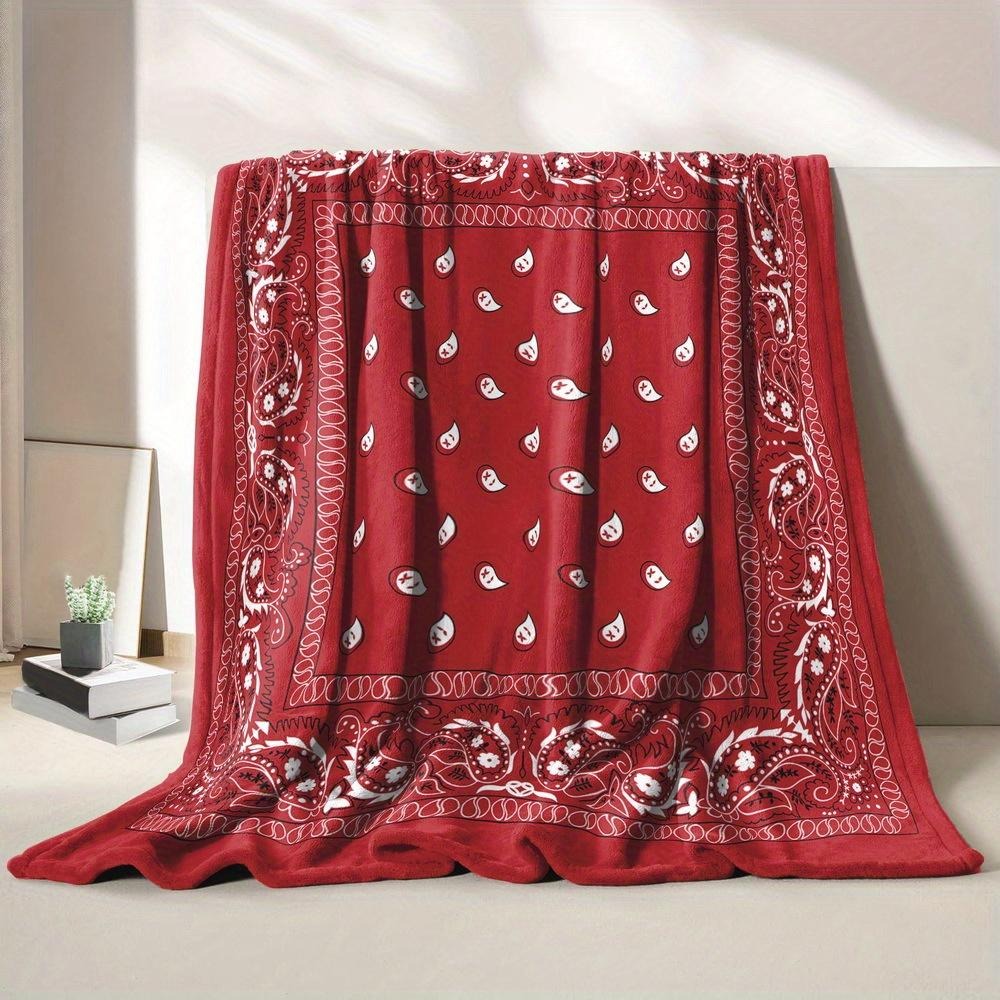 Red and White Paisley Pattern with Hearts Stars Flannel Blanket