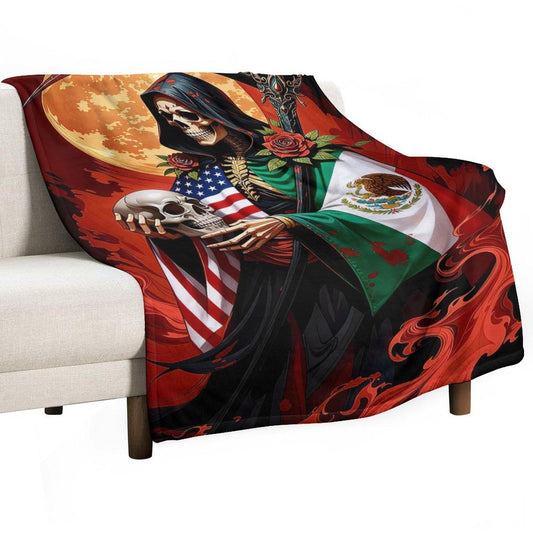 Grim Reaper US Mexico Flag Skeleton Santa Muerte Flannel Blanket