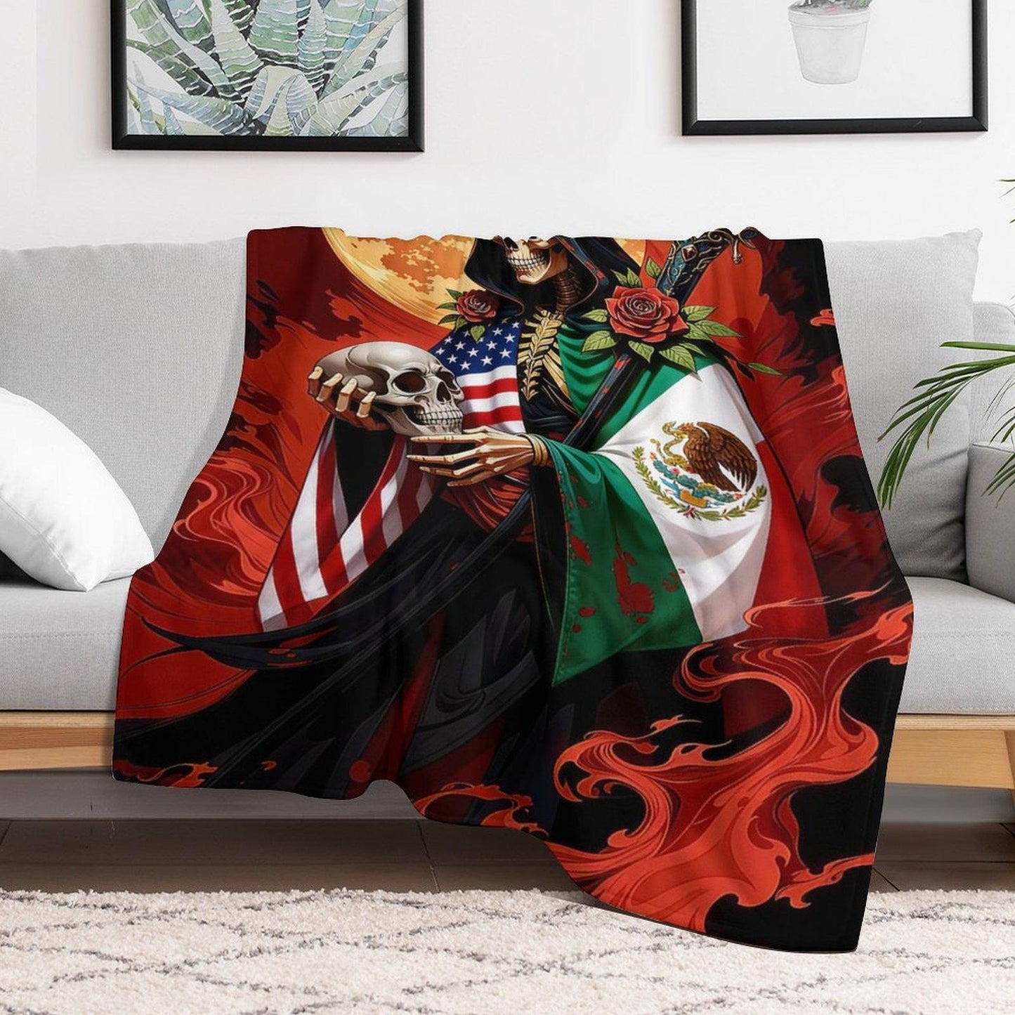 Grim Reaper US Mexico Flag Skeleton Santa Muerte Flannel Blanket