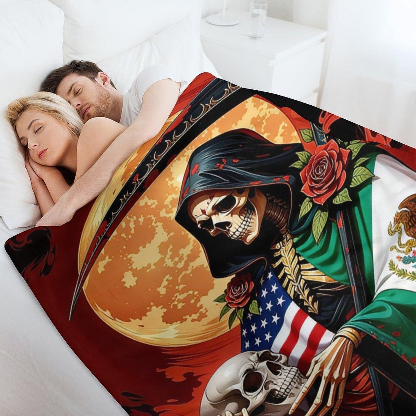 Grim Reaper US Mexico Flag Skeleton Santa Muerte Flannel Blanket