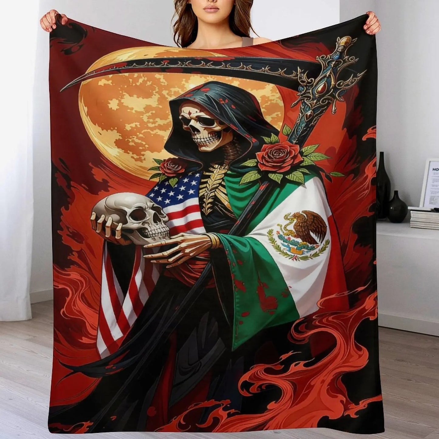 Grim Reaper US Mexico Flag Skeleton Santa Muerte Flannel Blanket