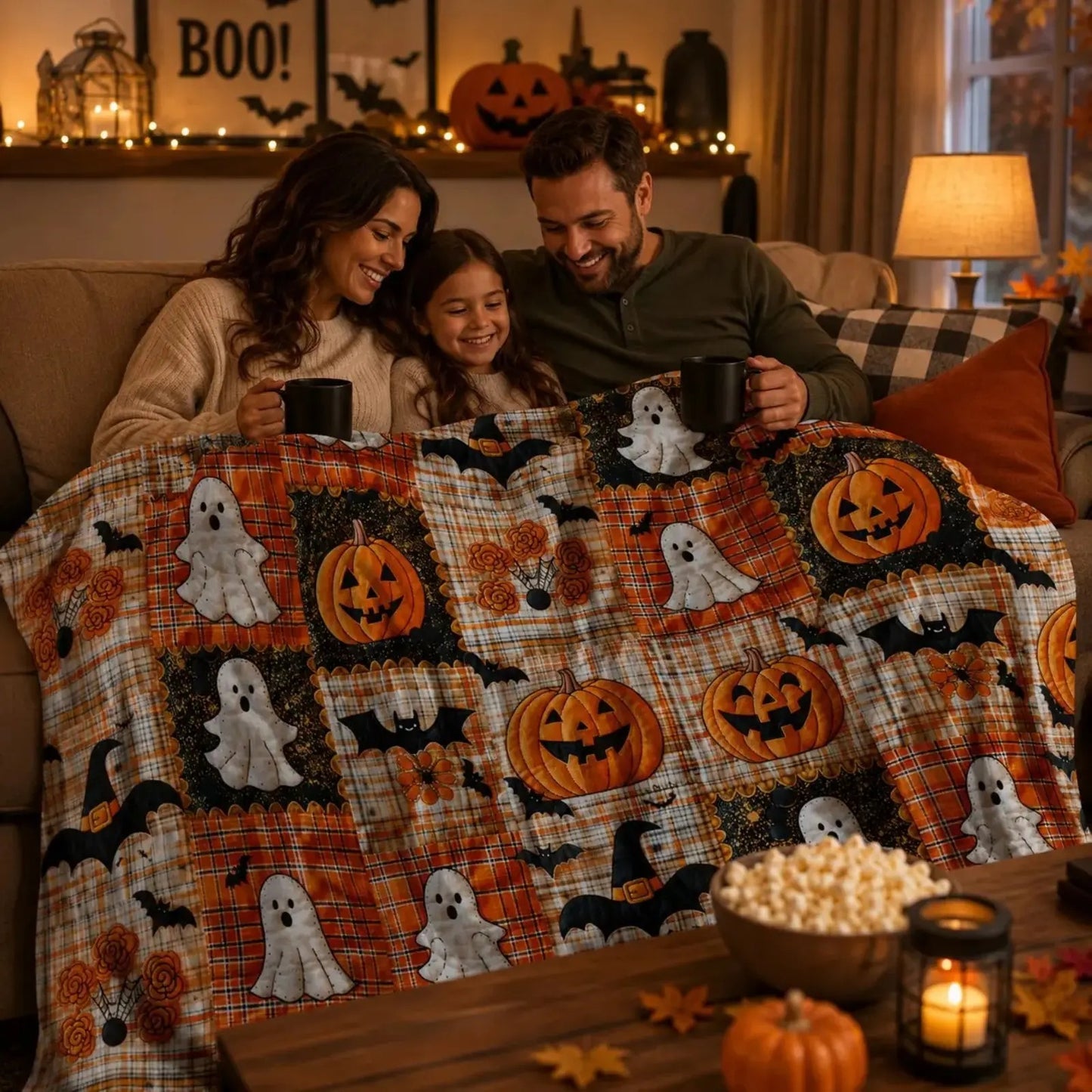 Pumpkin Ghost Bat Plaid Patchwork Flannel Blanket