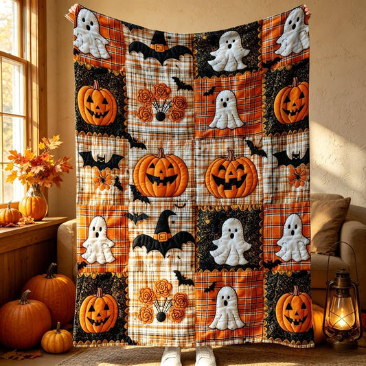 Pumpkin Ghost Bat Plaid Patchwork Flannel Blanket