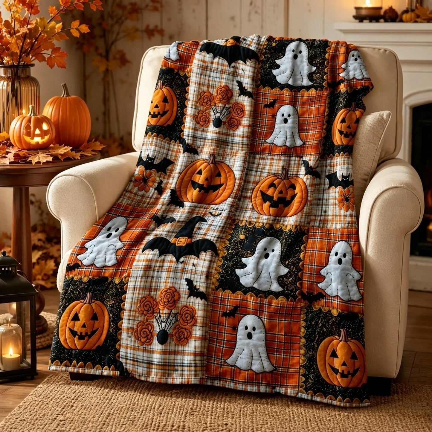 Pumpkin Ghost Bat Plaid Patchwork Flannel Blanket
