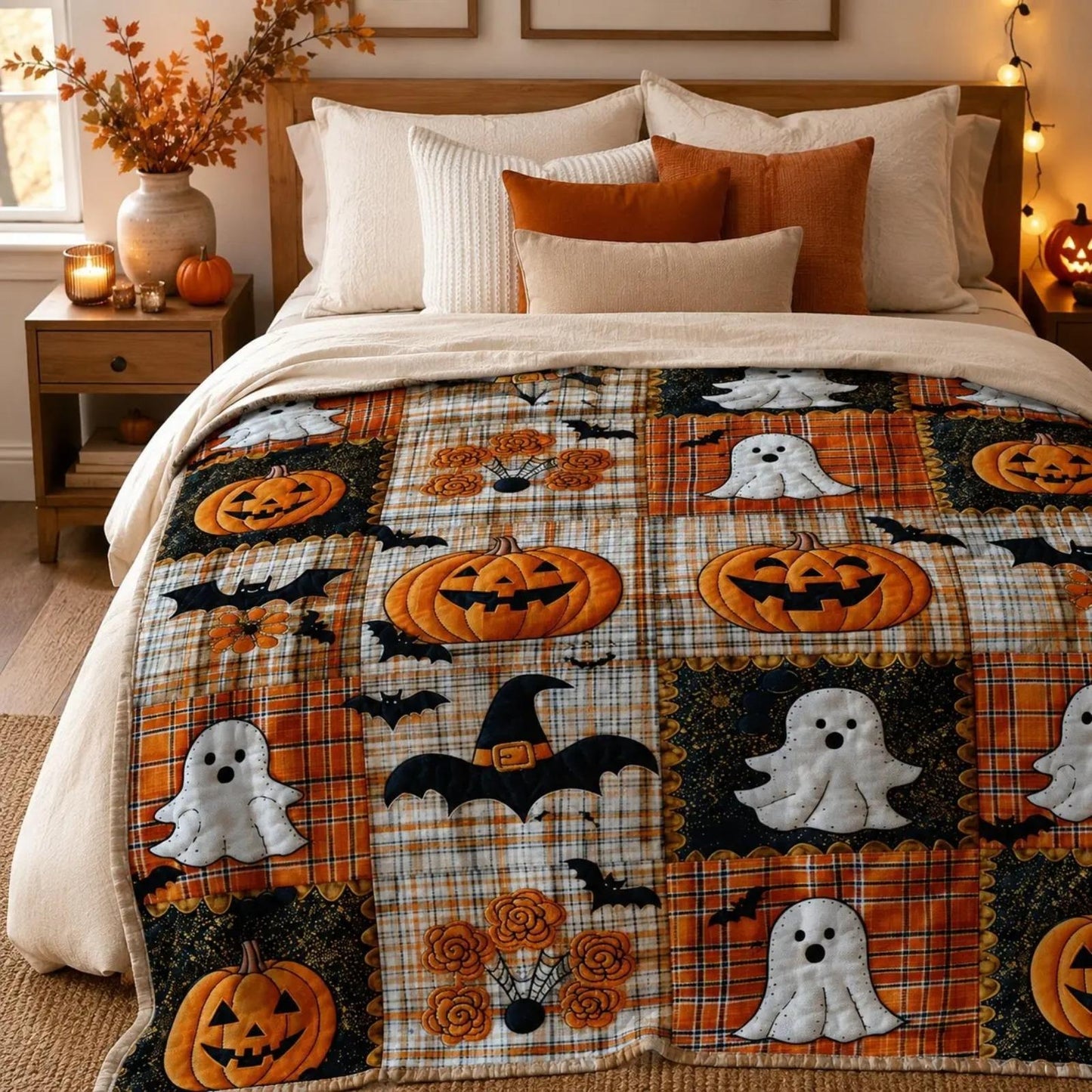 Pumpkin Ghost Bat Plaid Patchwork Flannel Blanket