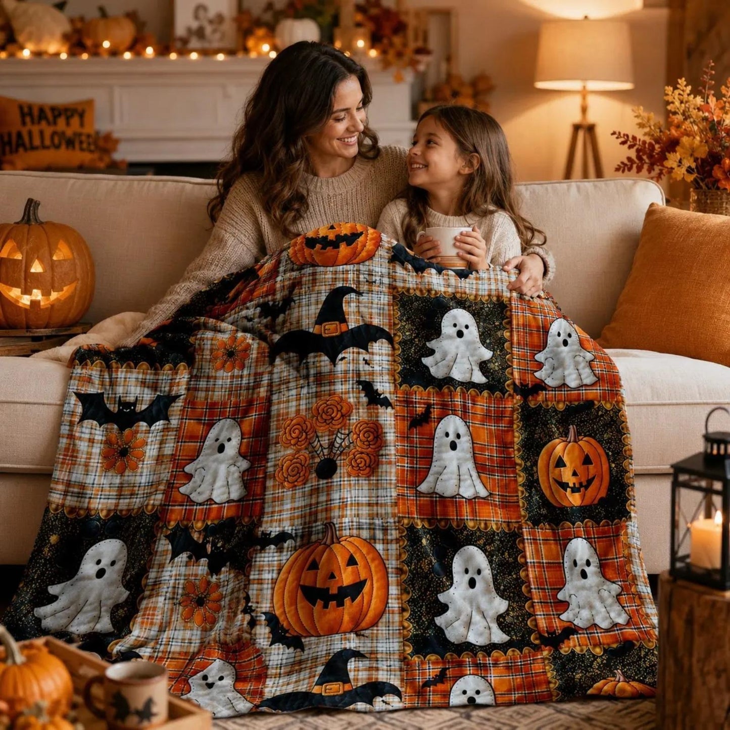 Pumpkin Ghost Bat Plaid Patchwork Flannel Blanket