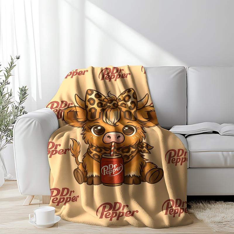 Cute Leopard Highland Cow Drinking Dr Pepper Blanket