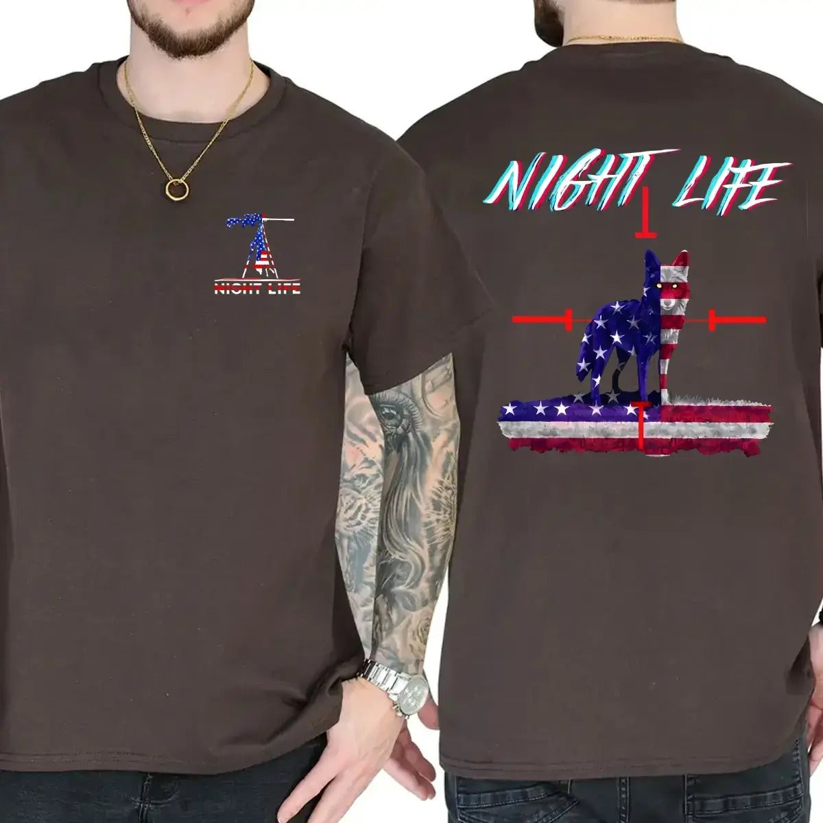 Night Life Wolf USA Flag Graphic – Tee, Crewneck & Hoodie