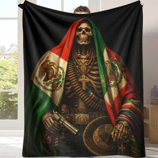 Mexican Skeleton With Flag and Revolver Design Flannel Blanket