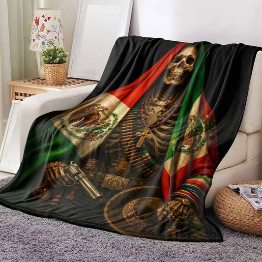 Mexican Skeleton With Flag and Revolver Design Flannel Blanket