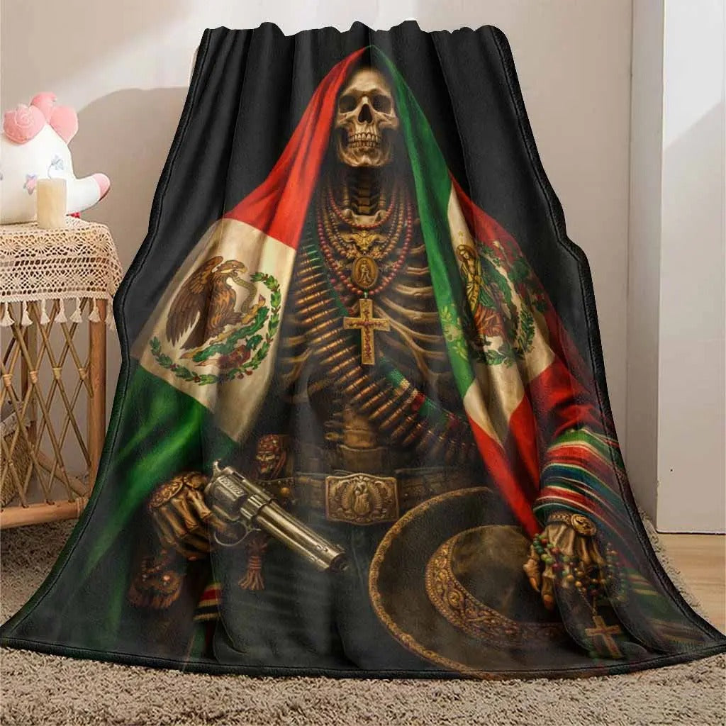 Mexican Skeleton With Flag and Revolver Design Flannel Blanket