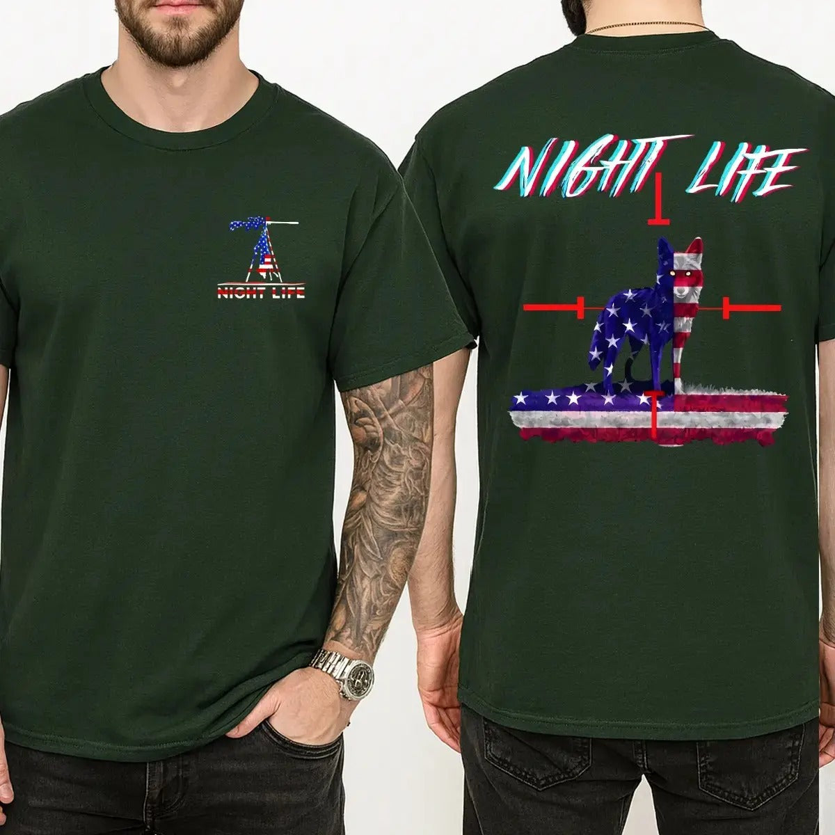 Night Life Wolf USA Flag Graphic – Tee, Crewneck & Hoodie