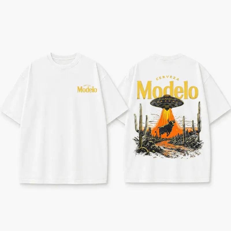 UFO Abducting Bull In Desert Cactus Scene – Tee, Crewneck & Hoodie