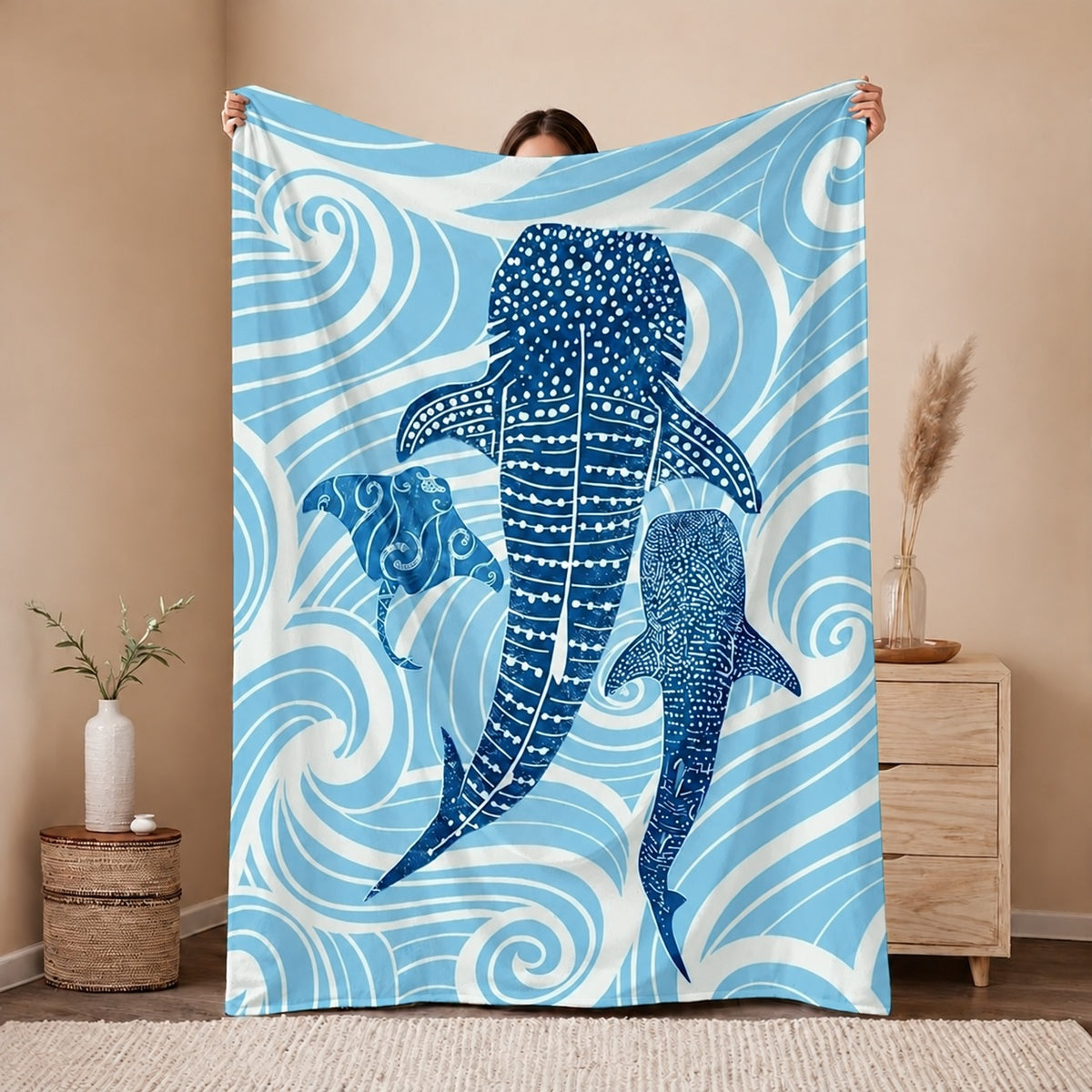 Ocean Whale Shark Waves Flannel Blanket