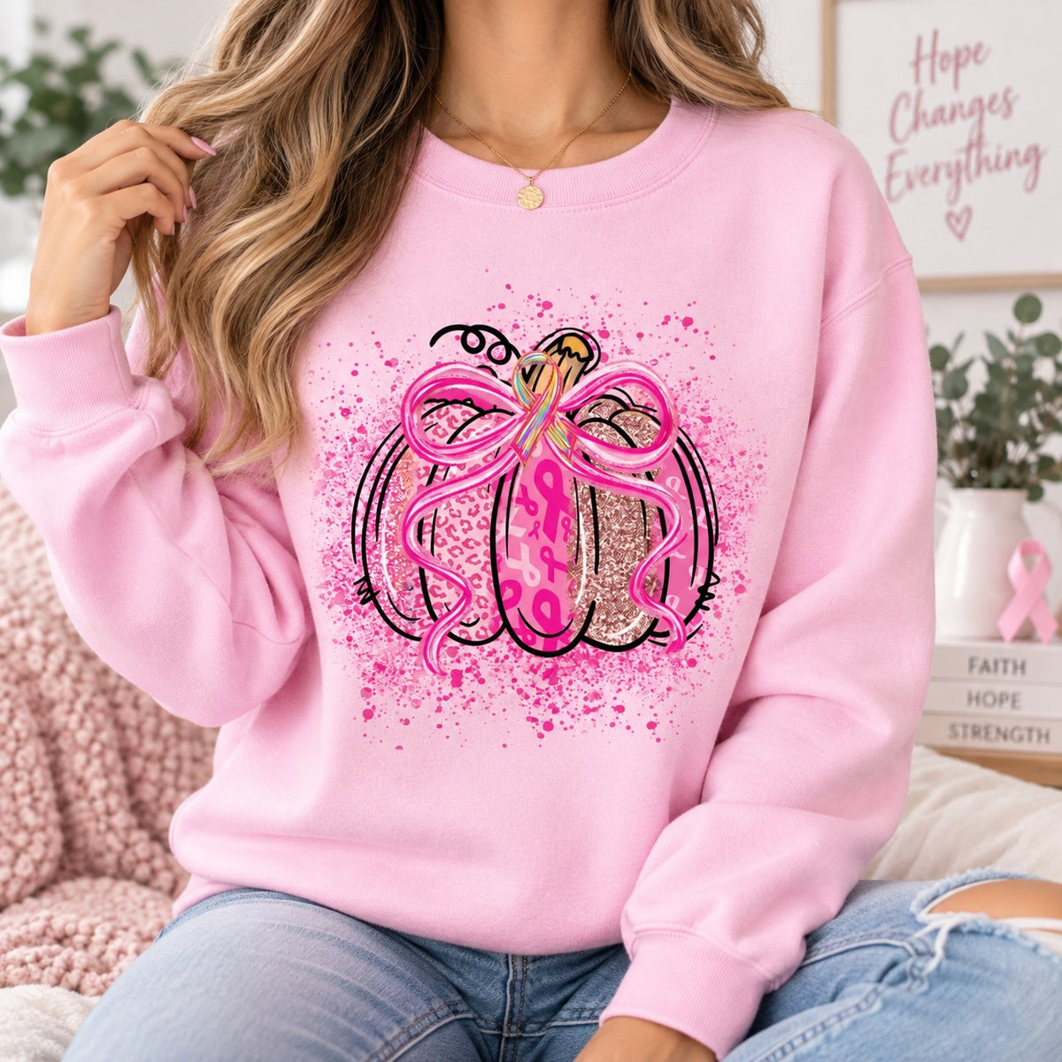 Pink Ribbon Pumpkin Breast Cancer Awareness – Tee, Crewneck & Hoodie