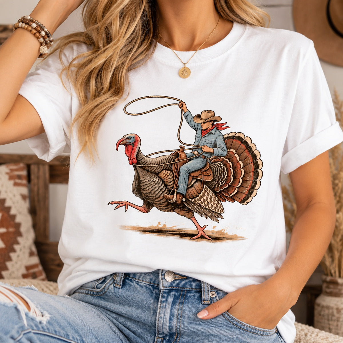 Cowboy Turkey Funny Thanksgiving Rodeo Graphic – Tee, Crewneck & Hoodie